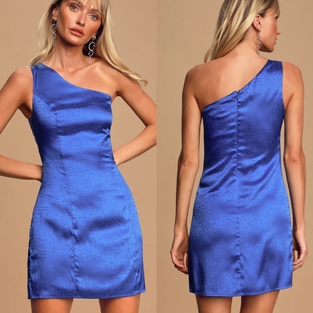 Lulus Lisette Satin One-Shoulder Mini Dress in Cobalt Blue Size Extra Large - Picture 1 of 8